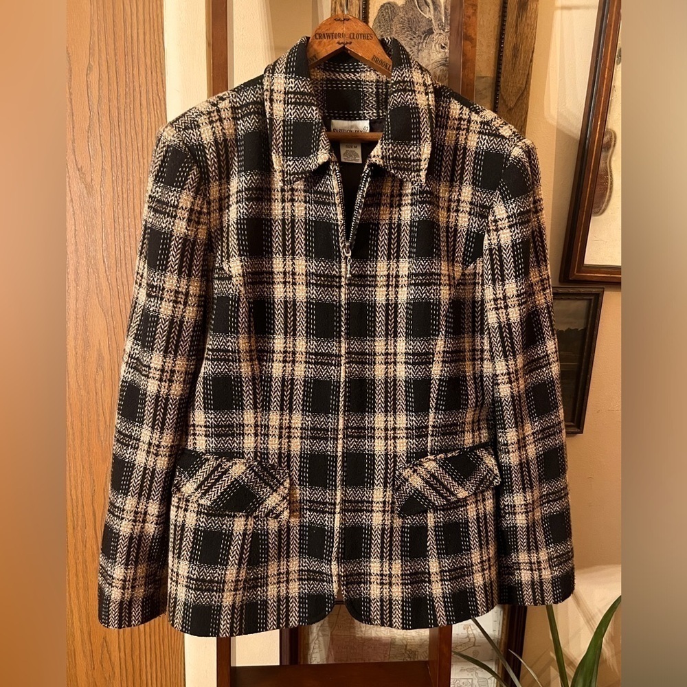 Vintage Women’s 80s Fashion Bug Wool Blend Brown Plaid Zip Up Jacket Size Medium
